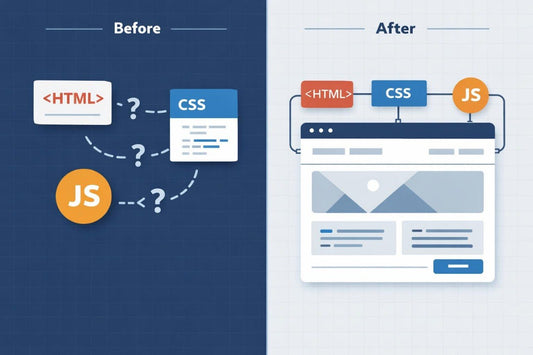 Diagram showing the process of HTML, CSS, and JS from 'Before' to a fully developed webpage layout in 'After'.