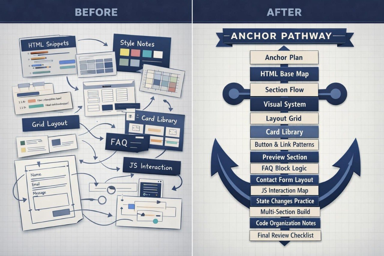 Comparison of design process steps labeled 'Before' and 'After' with an anchor pathway diagram.