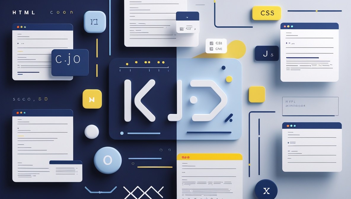 Colorful graphic of coding elements and text on a blue background