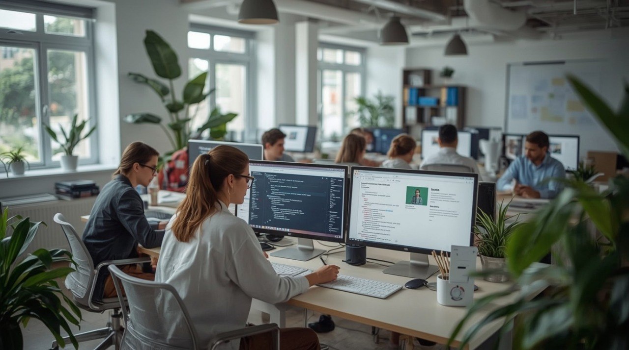 People working at computers in a modern office setting with plants and large windows.