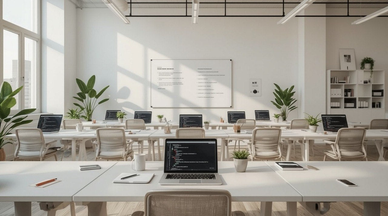 Modern classroom with desks, laptops, and plants in a bright setting