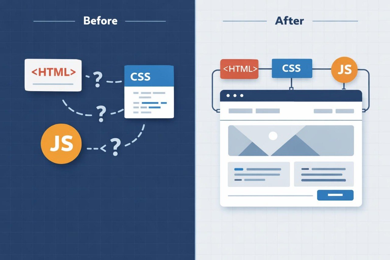 Diagram showing the process of HTML, CSS, and JS from 'Before' to a fully developed webpage layout in 'After'.