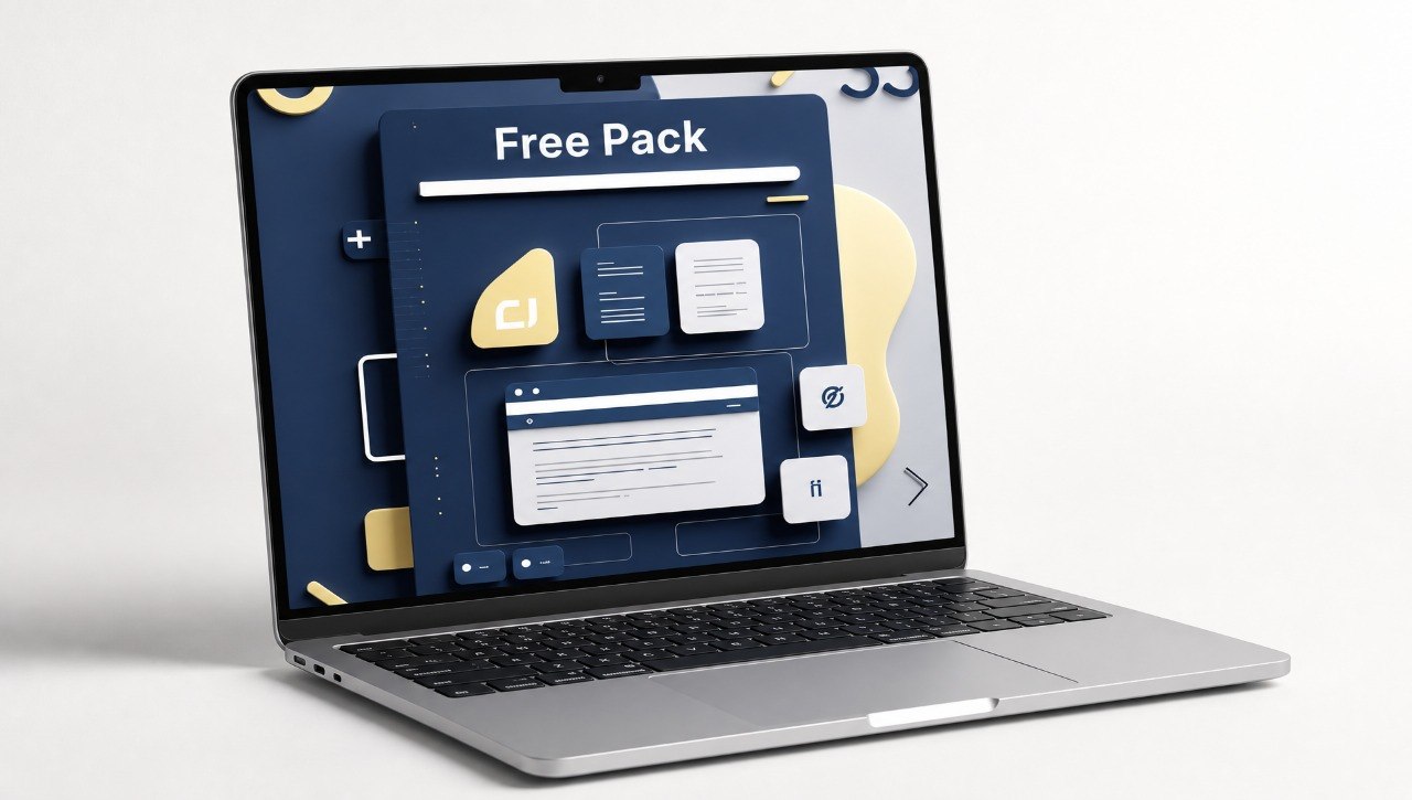 Laptop displaying a 'Free Pack' on a white background