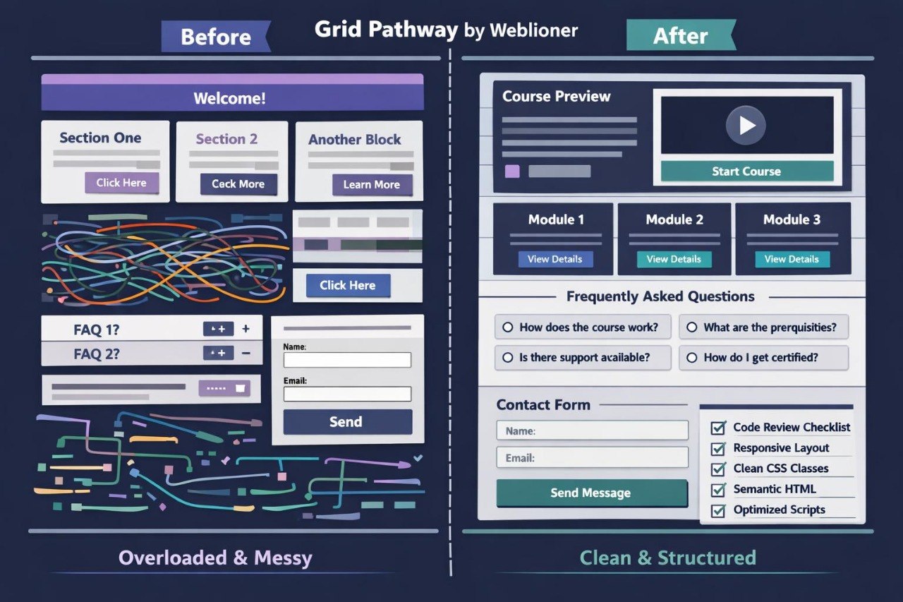 Before and after comparison of a website design grid pathway by Webliener.