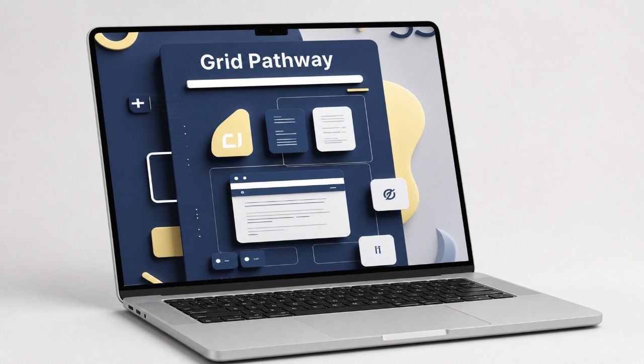 Laptop displaying a design software interface with 'Grid Pathway' on the screen.