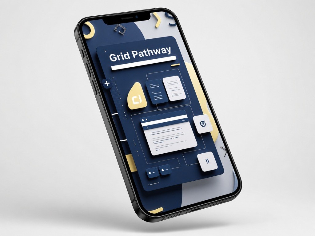 Phone displaying a design app interface with 'Grid Pathway' on a light gray background
