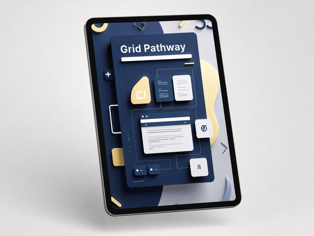 Digital tablet displaying a design software interface with 'Grid Pathway' on a light gray background
