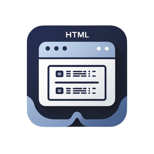 Icon of a web browser window with HTML text on a white background