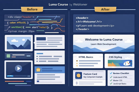 Before and after comparison of Luma Course by Weblioner with HTML and CSS elements.