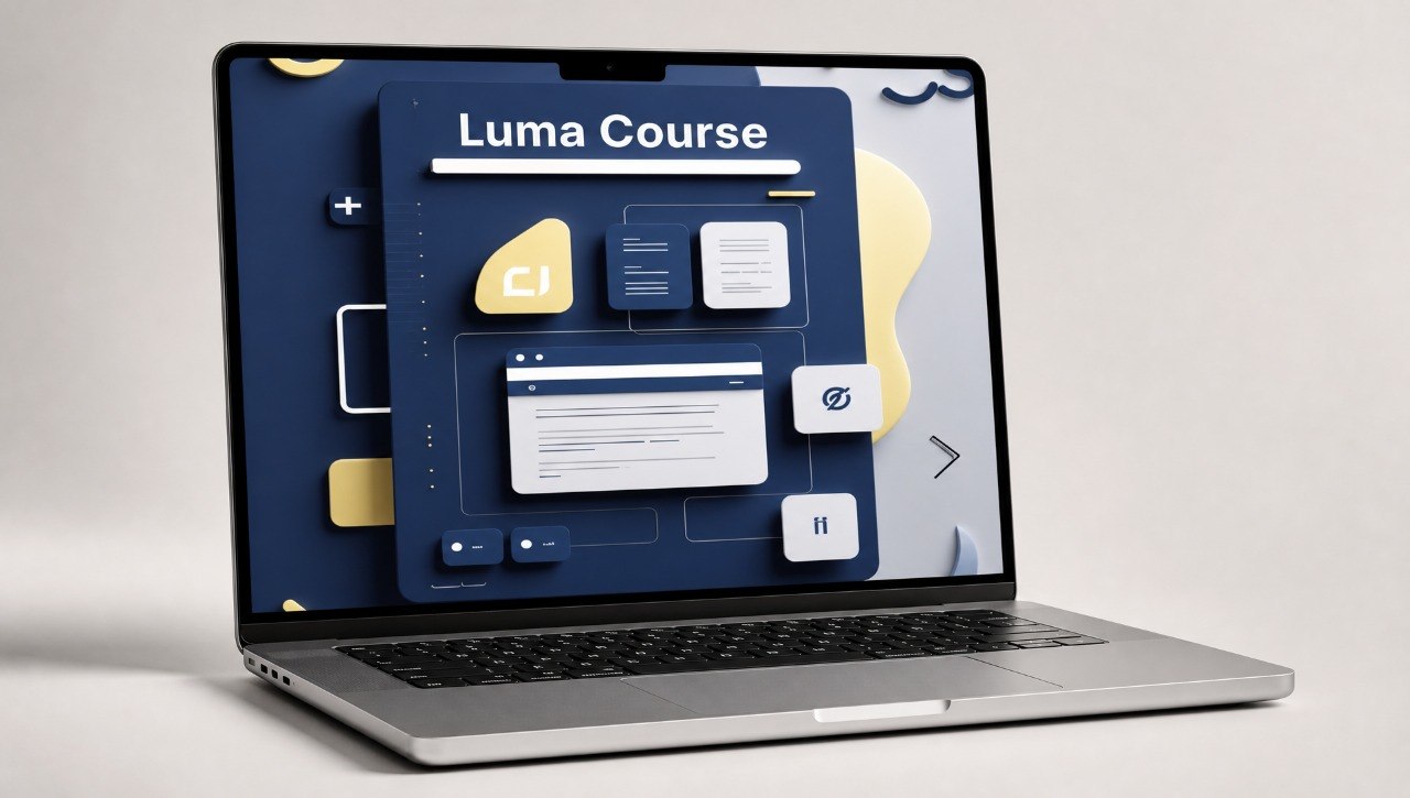 Laptop displaying a Luma Course interface on a light gray background