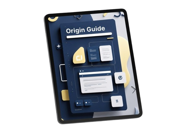 Digital tablet displaying a 'Origin Guide' with various icons on a white background