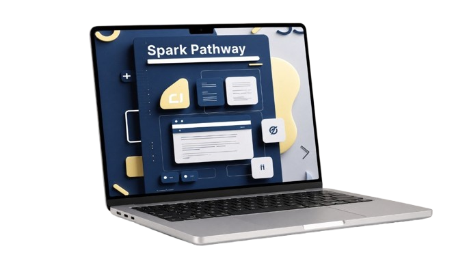 Laptop displaying a software interface with 'Spark Pathway' branding on a white background