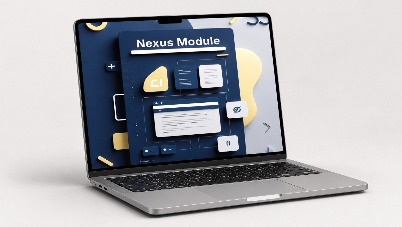 Laptop displaying a Nexus Module interface on a white background