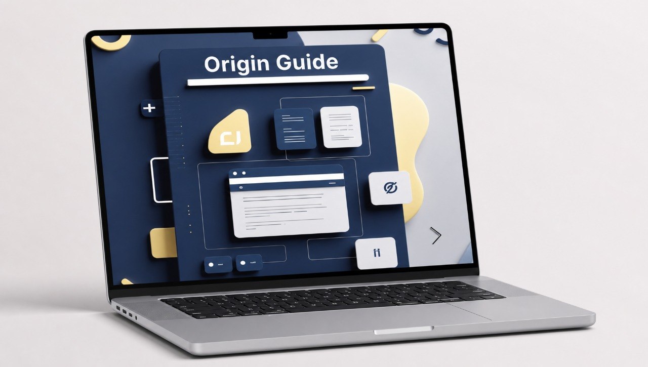 Laptop displaying a 'Origin Guide' on a white background