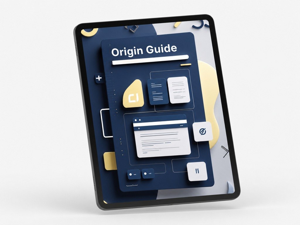 Digital tablet displaying an 'Origin Guide' with various icons on a white background
