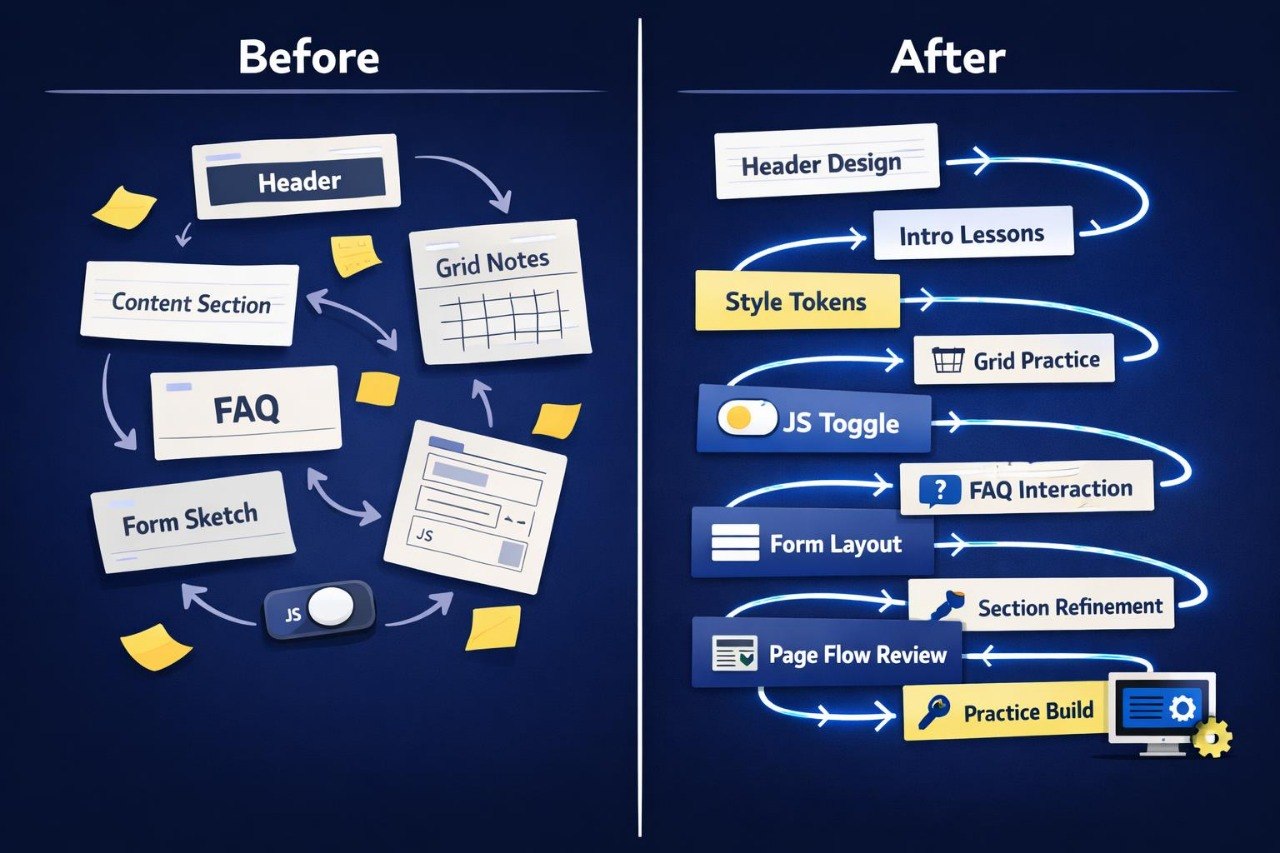 Before and after comparison of a design process flowchart on a blue background