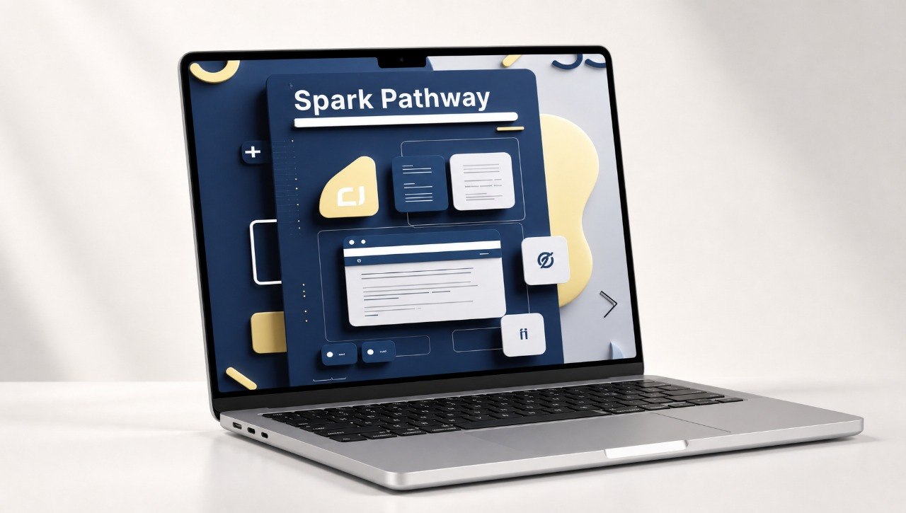 Laptop displaying a digital interface with 'Spark Pathway' branding on a white background