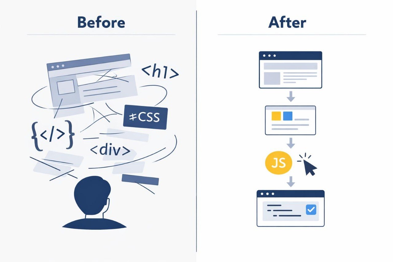 Diagram showing a before and after comparison of web development code and interface.