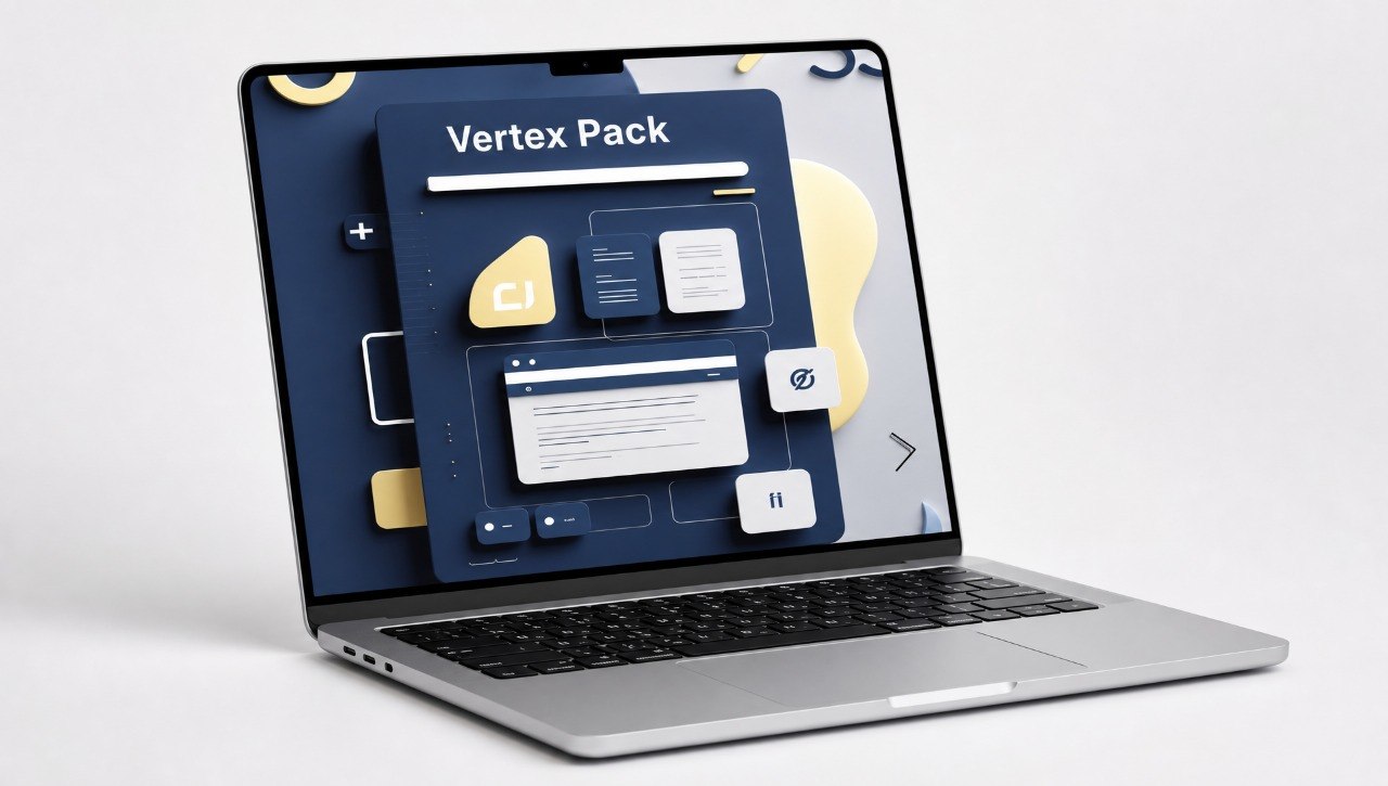 Laptop displaying a software interface with 'Vertex Pack' on a light gray background